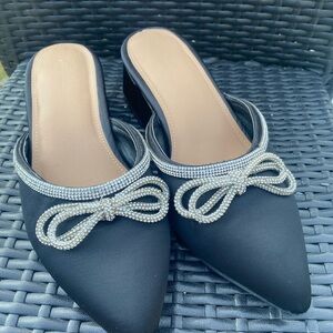 Elegant Black Satin Mules with Rhinestone Bow WIDE